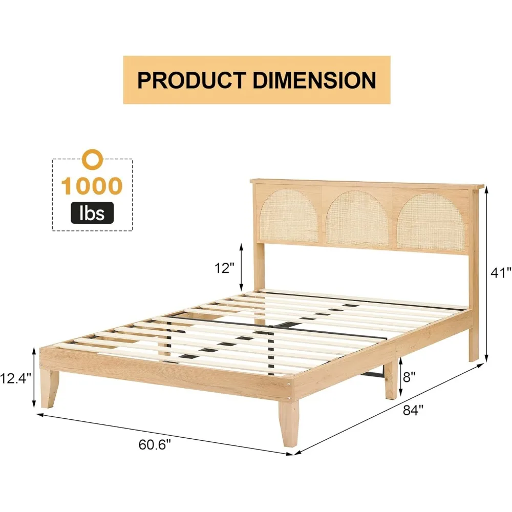 Bed Frame with Rattan Headboard, Boho Cane Platform Bed Frame with LED Lights, Solid Wood Foundation with Wood Slat Support