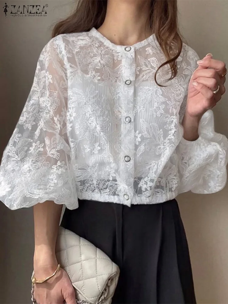 

Summer Lace Shirts See Through Mesh Blouse Women Casual Lantern Sleeve Tunic 2025 ZANZEA Beach Blusas Vintage Floral Cardigans