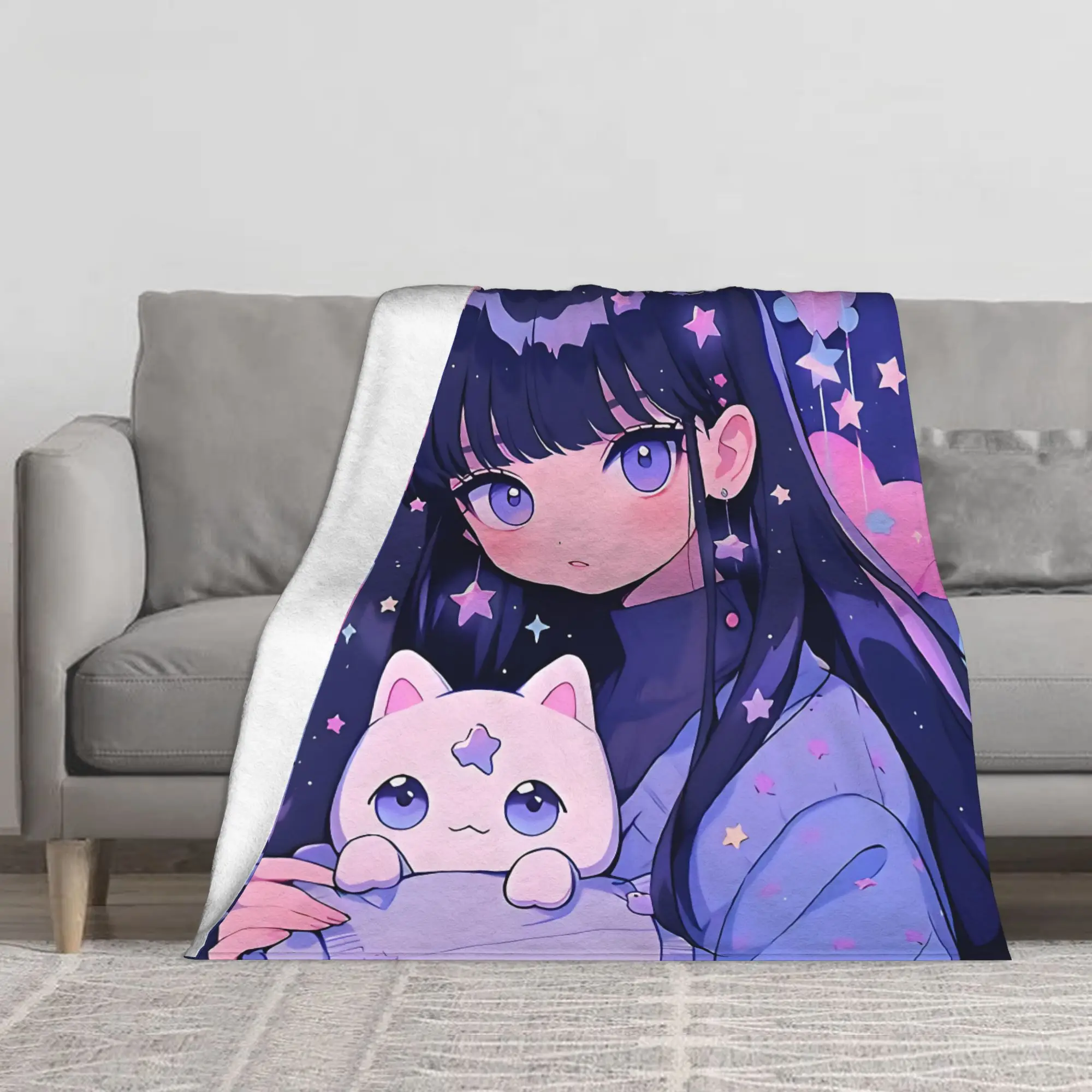 1PC Cute Purple Pink Anime Girl Blanket Throw Super Cosy Plush Living Room Sofa