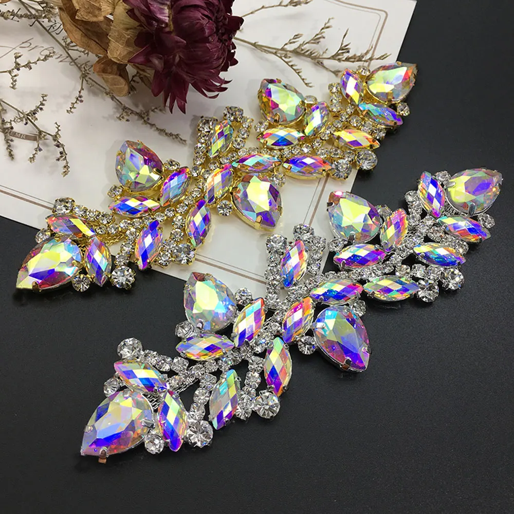 

Wedding Dress & Shoe Decoration Appliqué - Gold Silver AB Crystal Leaf Glass Rhinestone Chain Fringe Sew-on Garment Accessory