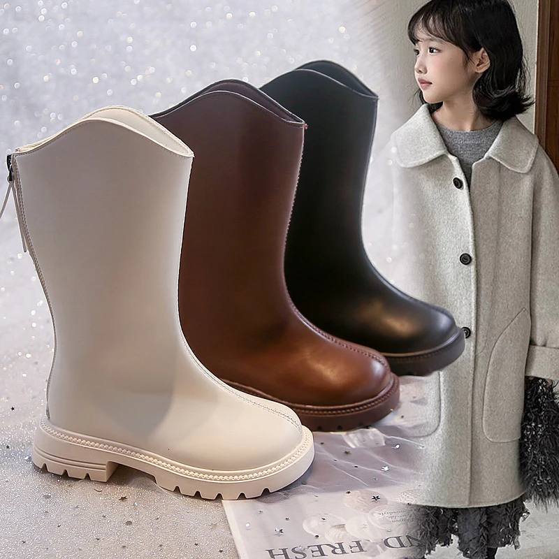 

Kids Mid-calf Boots for Girls 2025 New Autumn Winter Kids Leather Boots Non-slip Round Toe Simple Classic Christmas Party Boots