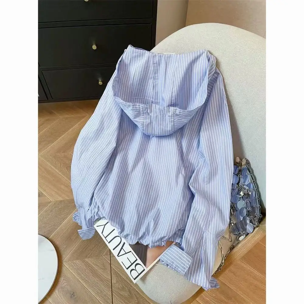 

Korejpaa Casual Striped Hooded Women Shirt Korean Fashion Long Sleeve Top Autumn Hong Kong Style Blusas Femininas Elegantes