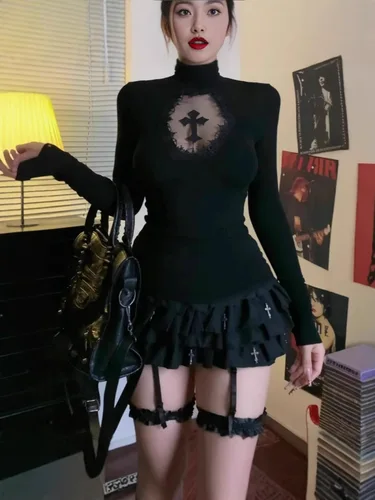 Imagen 1 del producto Top de cuello alto Y2k, ropa negra gótica cruzada hueca, camiseta inferior adelgazante para mujer, camiseta Sexy de manga larga, Tops para niñas