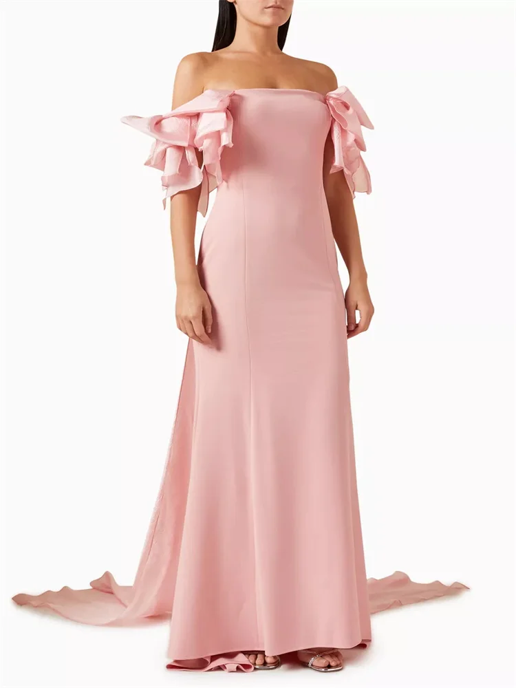 

New Arrival Off Shoulder Neckline Ruffle Sleeves Satin Evening Dress Elegant Back Zipper Floor Length Sweep Train Gown For Women