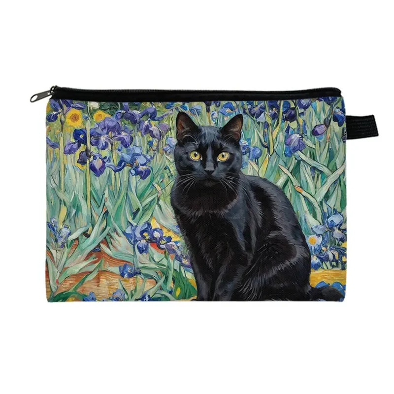 Cute Black Cat in Van Gogh Painting Print Cosmetic Case The Starry Night Women Makeup Pouch Pen Napkin Storage Toiletries Bags