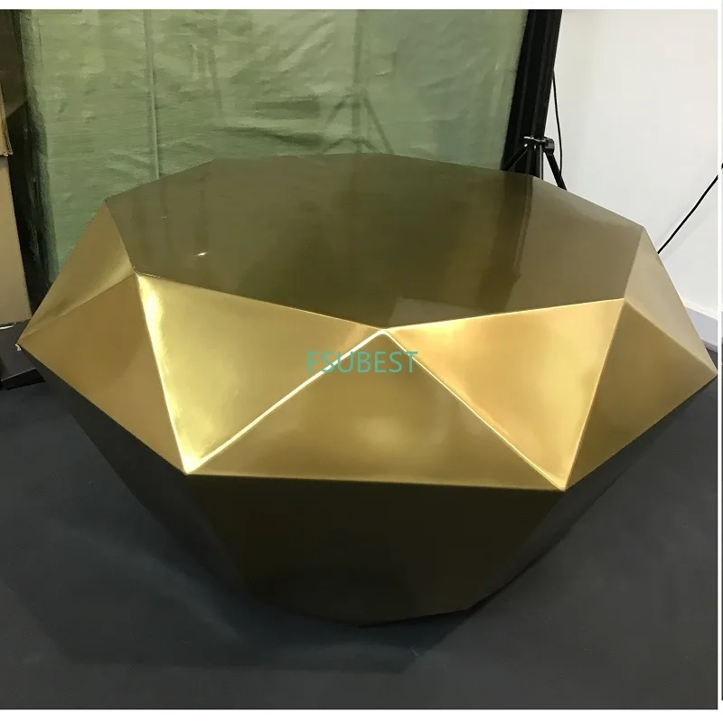 Full Stainless Steel Golden Coffee Tea Center Table Mirrored Finish Shiny Gold Diamond Shape Coffee Table