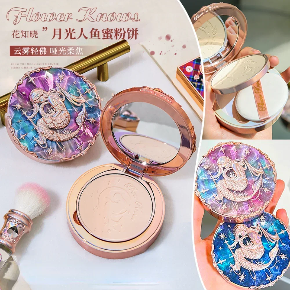 Flower Knows Moonlight Mermaid Pressed Powder Face Makeup Setting Powder Transparent Matte Nourishing Brighten Makeup Cosmetics