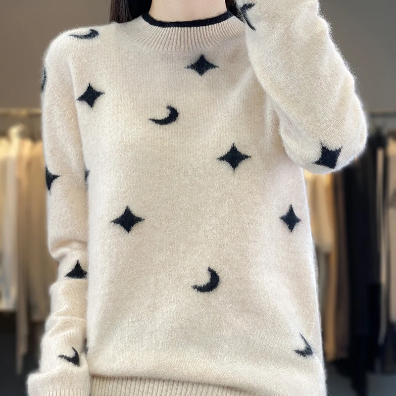 2023 Autumn and Winter New style Cashmere Sweater Women\'s Clothing O-Neck Pullover 100% Merino Wool Jacquard Top Fashion Korean