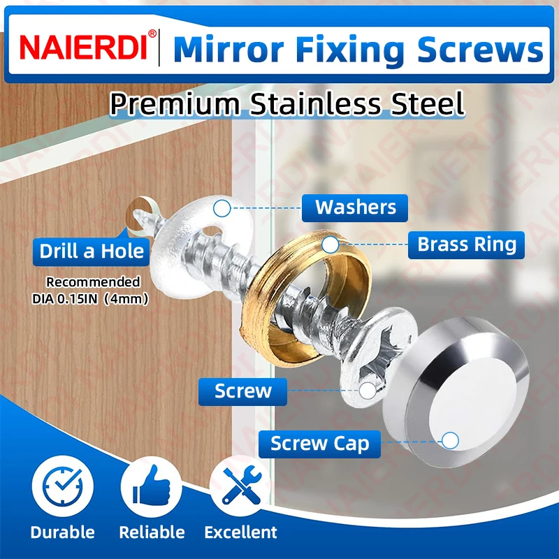 NAIERDI 4 Sets Mirror Screws Stainless Steel Billboard Decorative Cap Cover Nails Standoff Screws Furniture Glass Hardware