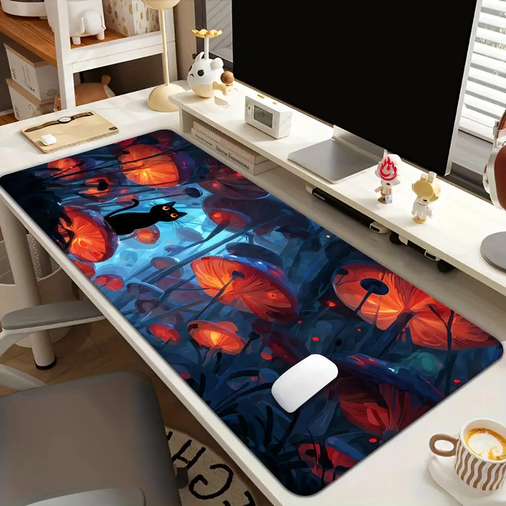 Glowing Mushroom Forest and Black Cat Mouse Pad Desk Mat Non-Slip Durable office mouse mat gaming mats Stitched Edge HD printing