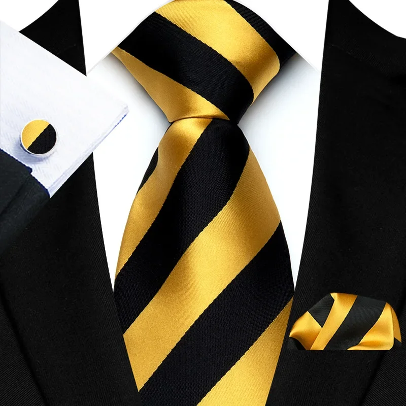 

Mens Wedding Tie Gold Black Striped Neck Ties for Men Hanky Cufflinks Set Business Party Gravatas