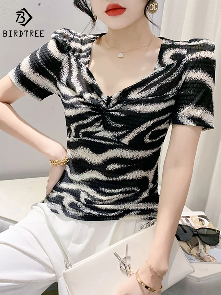 

MadBlack Summer European Clothes Tshirts Ladies Sexy V Neck Zebra Printed Slim Mesh Tops Short Sleeve Basic Tees New T36762JM