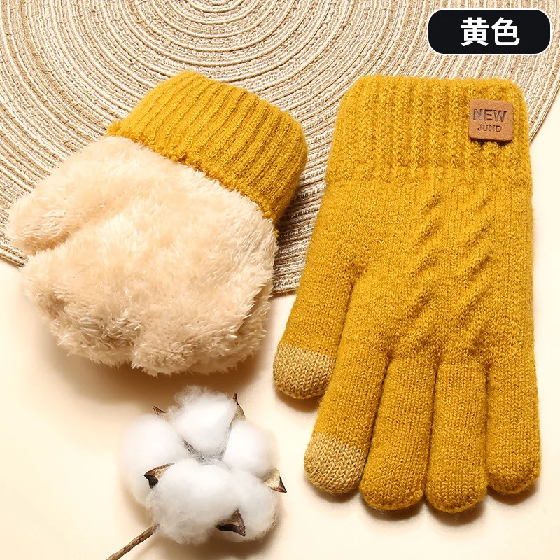 Women Winter Thickened Double Layer Knitted Gloves Wholesale Plus Velvet Cold Proof and Warm Solid Color Touch Screen Gloves