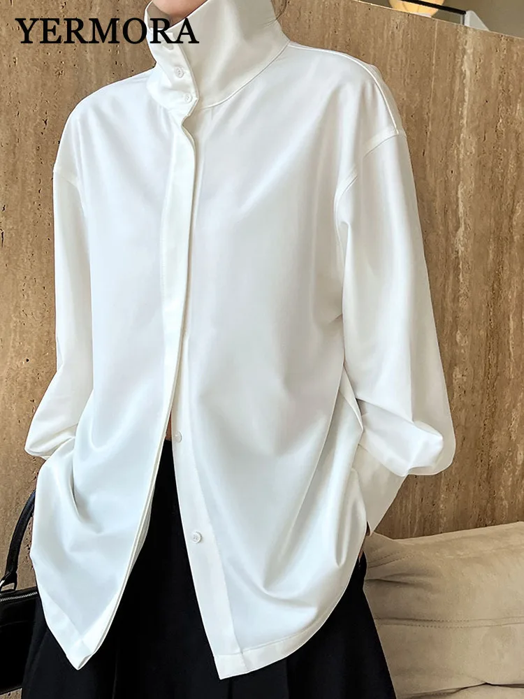 YERMORA White Button Temperament Brief Blouse For Women Stand Collar Long Sleeve Loose New Shirt Fashion Tide Spring Autumn 2025