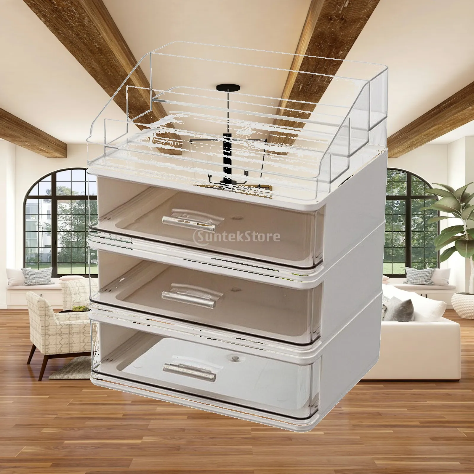 Clear Makeup Organizer Drawer Cosmetic Storage Box with Divided Upper Compartments for Lipstick Skincare on Office Desk