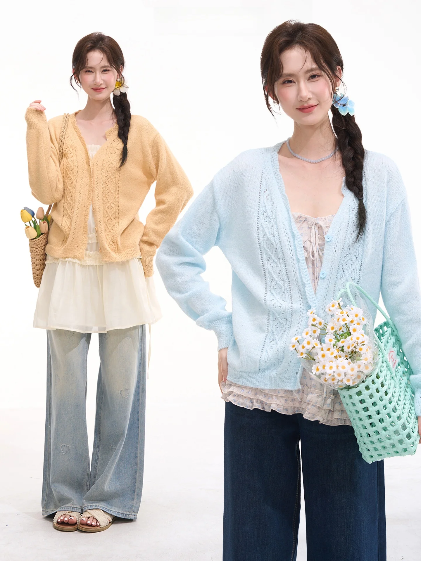 

Sweet Style Knitted Long Sleeve Women's Open Cardigan Hollow out Lace Versatile Spring Fashion Polyester Blend Top