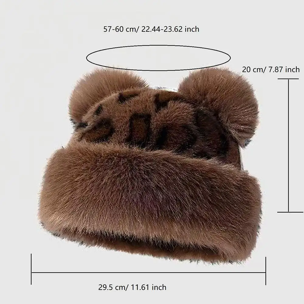 

Cute Bear Ears Hat Leopard Print Fluffy Fur Hat Luxury Women Handmade Fashion Winter Warm Beanies Brimless Cap Snow Ski Cap New