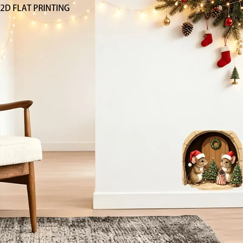 VIKAMA Christmas Arch Christmas Tree Mouse Hole Wall Stickers Self Adhesive Creative Stickers Living Room Entrance Room Decor
