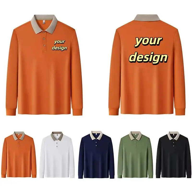 230g Long Sleeved Lapel Color Blocked Polo Shirt Personalized Custom Design Print Logo Autumn Men Women Employee Workwear Top