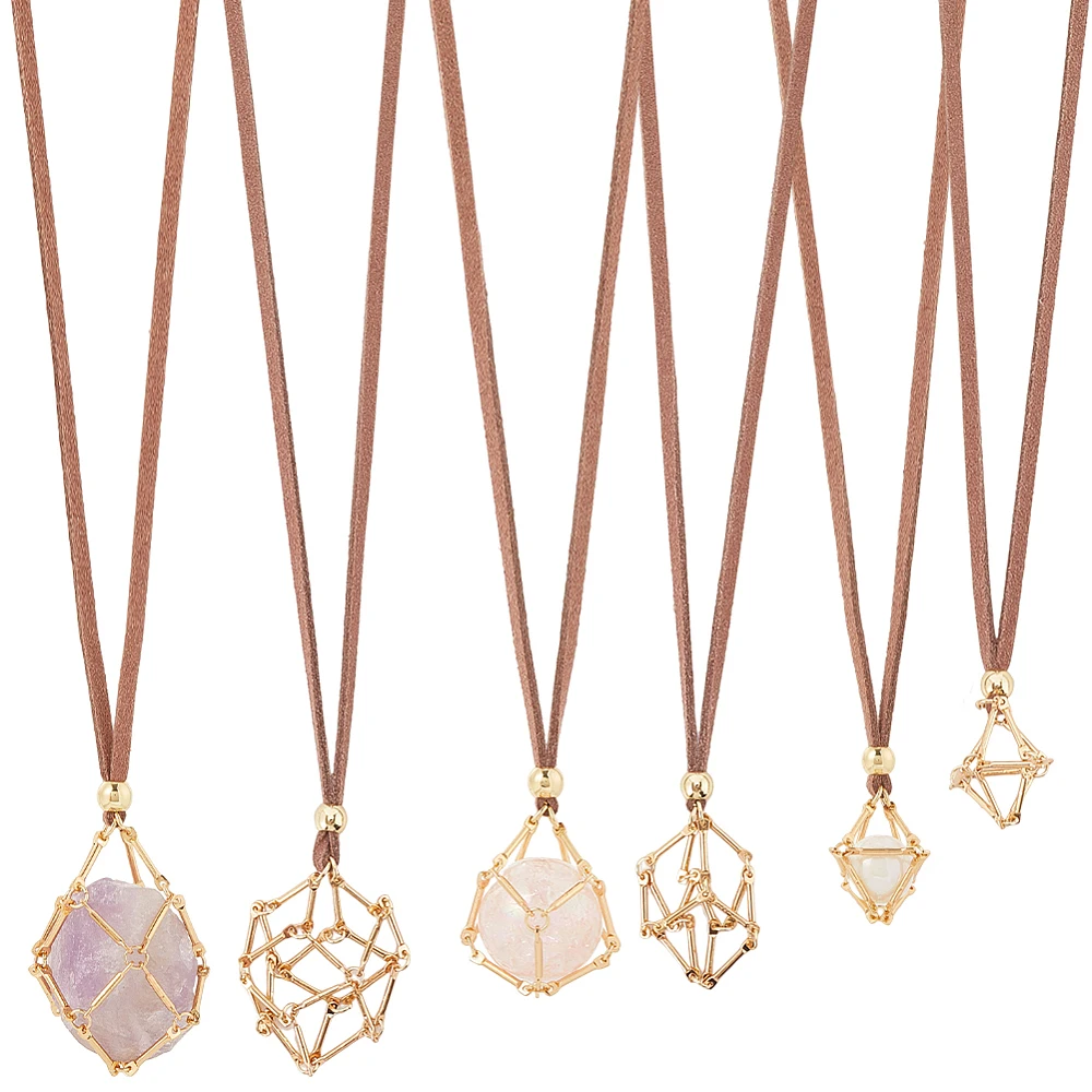 1 Box 6pcs 3 Sizes Necklace Holder Stone Cage Holder Gold Metal Brass Bar Connected Empty Gem Stone Cage Necklaces Chain Suede