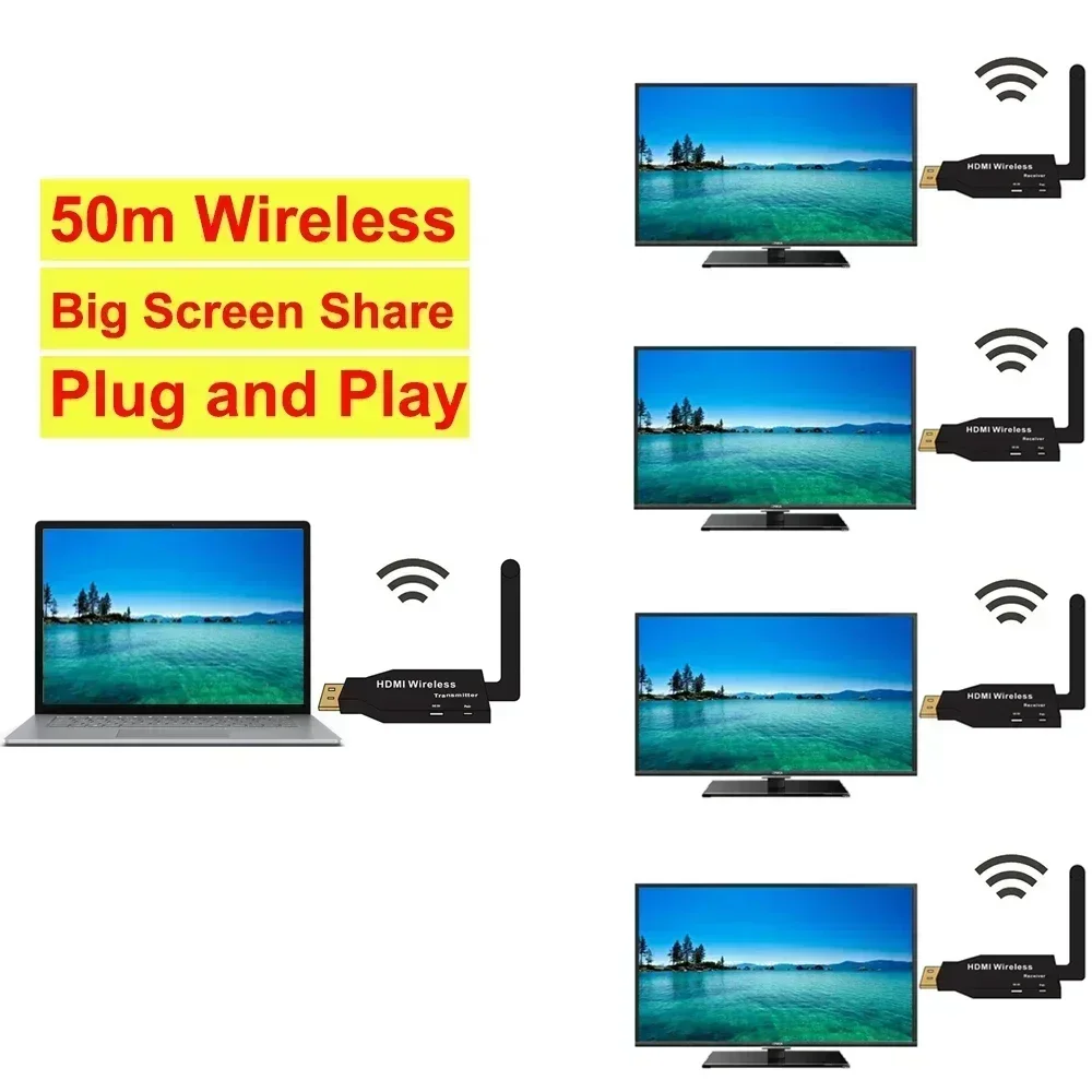 50M Wireless HDMI Extender Audio Video Transmitter Receiver Display Adapter Screen Share for PS4 PS5 Camera PC To TV Projector