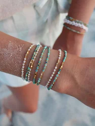 Vlen Turquoises Moonstone Bracelets for Women Adjustable 3mm Natural Stone Pulseras Boho Summer Beach Jewelry Gift for Vacation