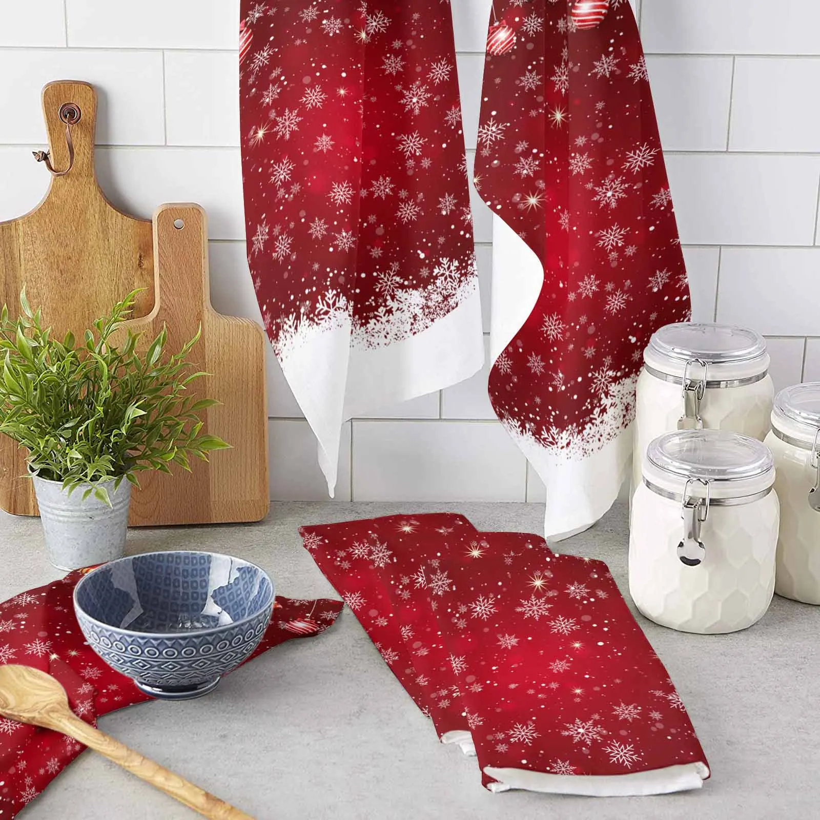 Christmas Winter Snowflake Lantern Ball Printed Tea Hand Towel Kitchen Dishcloth Water Absorption Household Cleaning Cloth