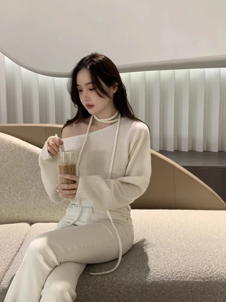 

Chic Long Sve Knitwear oulder Bared Design Trendy Women's Spring Faion Retro Waist Belted Korean Sle Loose Fit Top