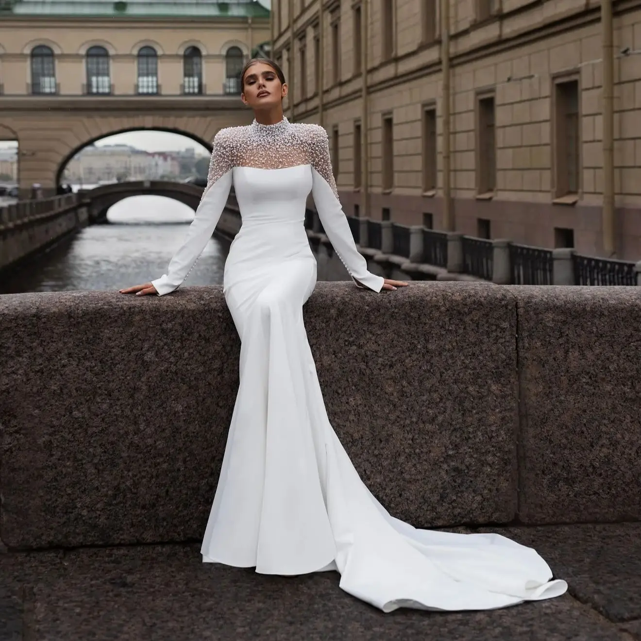 

Mermaid Wedding Dresses for Brides Sheer Neck Beading Vestido de Novia Long Sleeves Elegant Robe De Soirée Customized