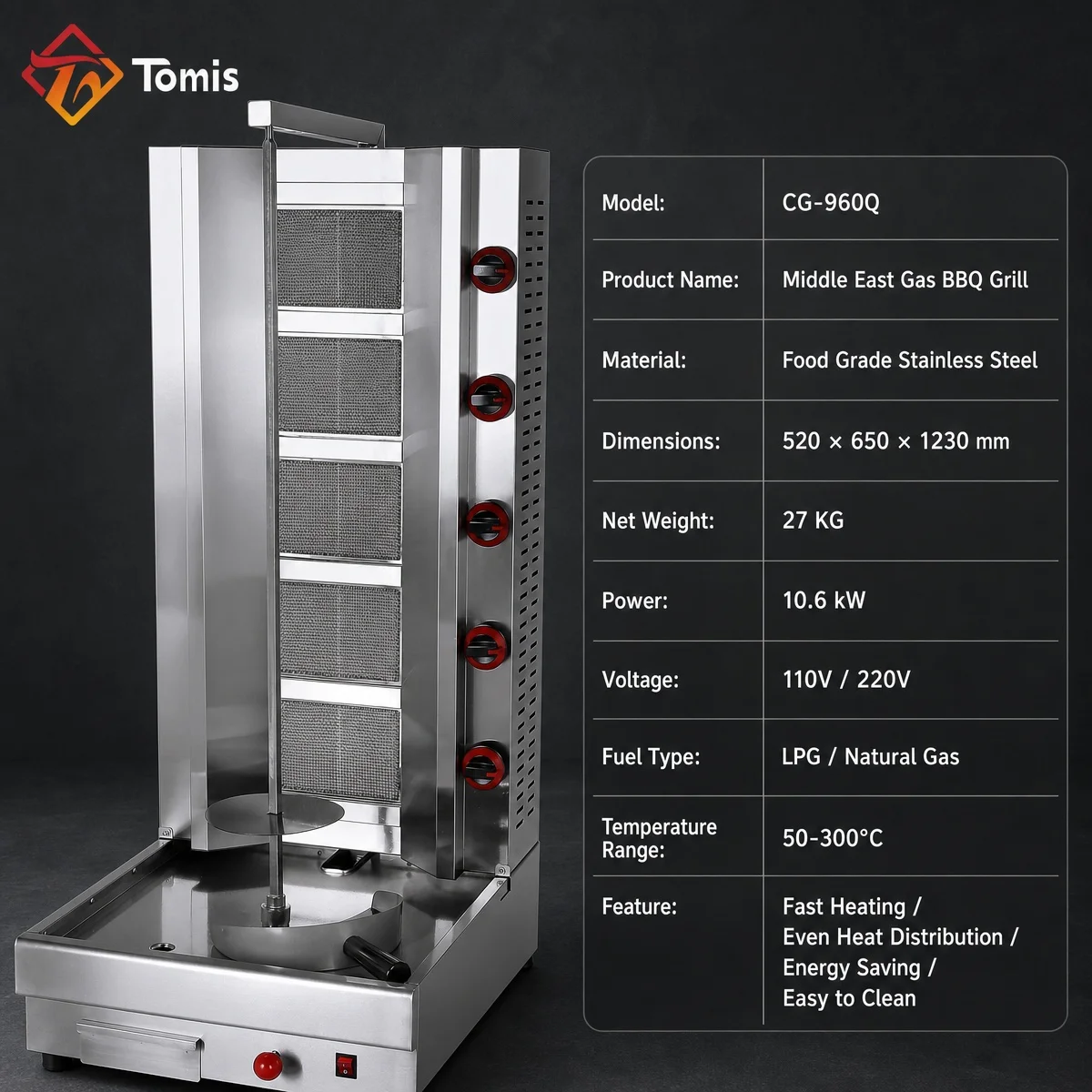 5 Burner Commercial Gas Shawarma Machine Stainless Steel Doner Kebab Rotisserie Grill Automatic Vertical Broiler