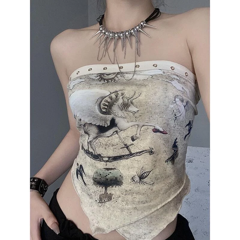 توب نسائي مثير بدون حمالات بتصميم ريترو كورت، بخصر غير متماثل ومشدود، مكشوف الظهر، عصري لصيف أنيق #1