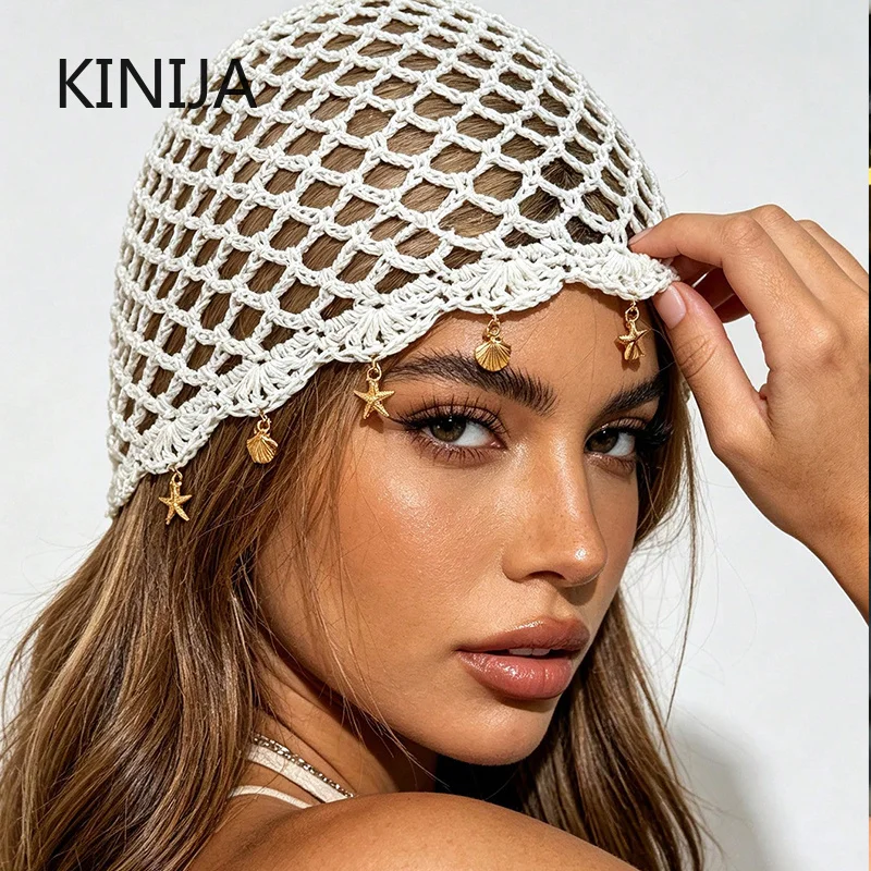 Neue Pailletten-Häkelmütze für Damen, Muschel-Quasten-Strickmütze, koreanische Star-Beanie, hohle Pullover-Mütze, Netz-Turban-Mütze, Strand-Skull-Mütze