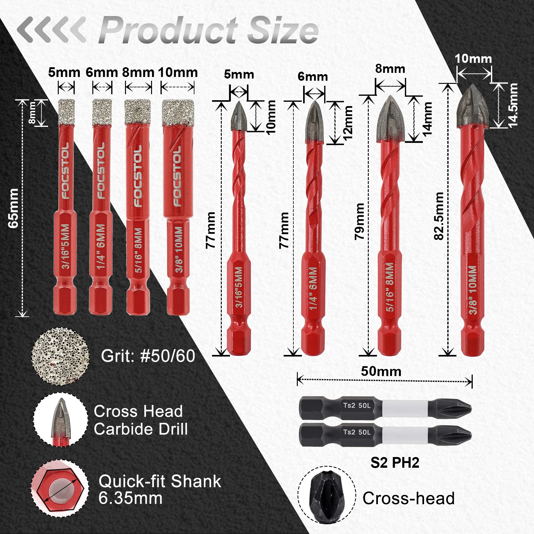 FOCSTOL Drill Bit Core Bit Economy Quick-Connect Dry Drill Quick-Connect Shank Phillips Spiral Carbide Bit Tile Marble Granite