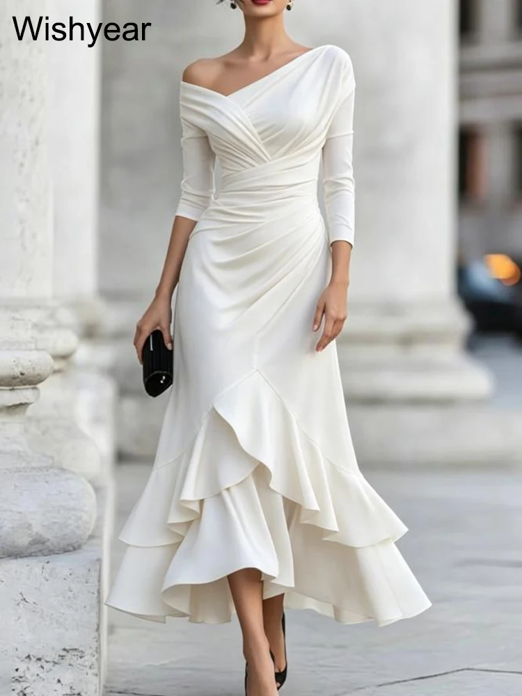 Women’s Fashion Off-Shoulder Ruched Wine Red Midi Dress Formal Evening Party Wedding Guest Dresses Elegant Birthday Clubwear