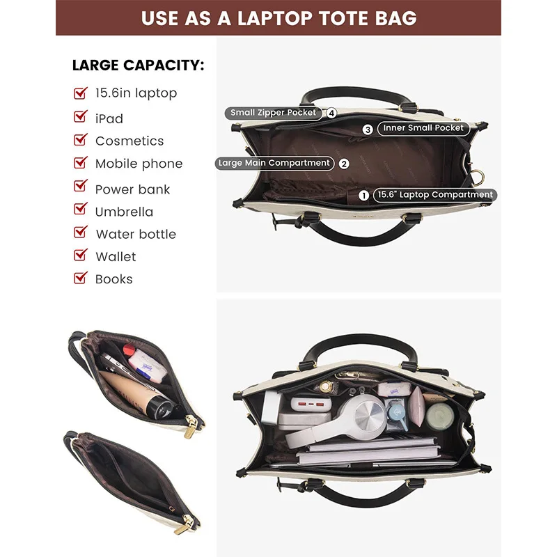 2-in-1 Insulated Leak-Proof Lunch Bag with Cooler Bag 15.6-inch Laptop Tote Bag  Waterproof PU Women's Office Tote Bag Handbag