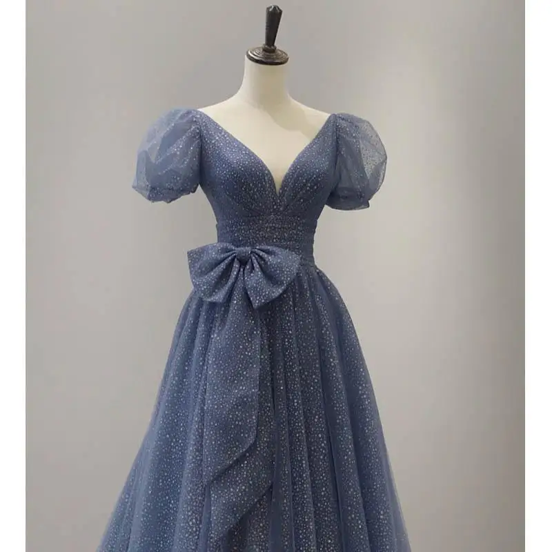 Luz azul vestido de noite de luxo 2025 outono novo estilo sonhador fada arte exame princesa vestido longo sonhador banquete vestido