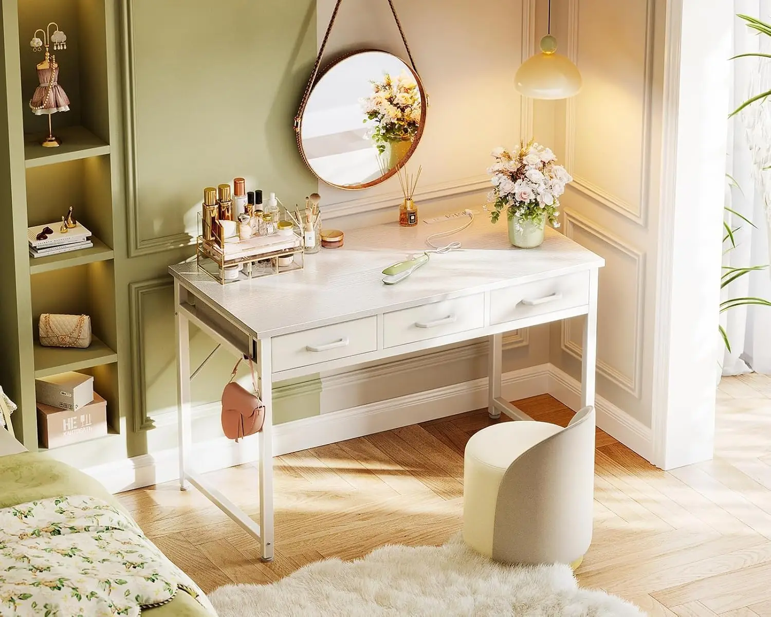 

AODK Vanity Desk without Mirror, Makeup Vanity with 3 Fabric Drawers, White Desk Dressing Table with Charging Stat