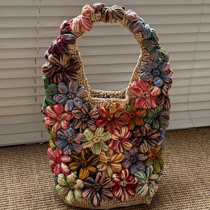 

Summer Trend Colorful Handwoven Lafite Grass Handbag Flower Petal Pattern Design Women's Vacation Carryall Beach Bucket Bag