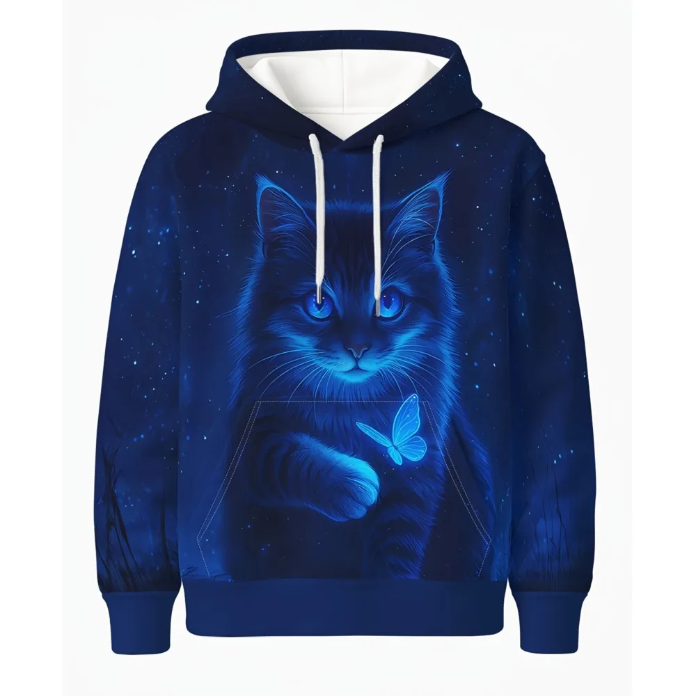 

2026 Новая повседневная толстовка с капюшоном и 3D-принтом с милым котом, стильный и крутой дизайн топа с высоким воротником и пуловера, мягкая текстура