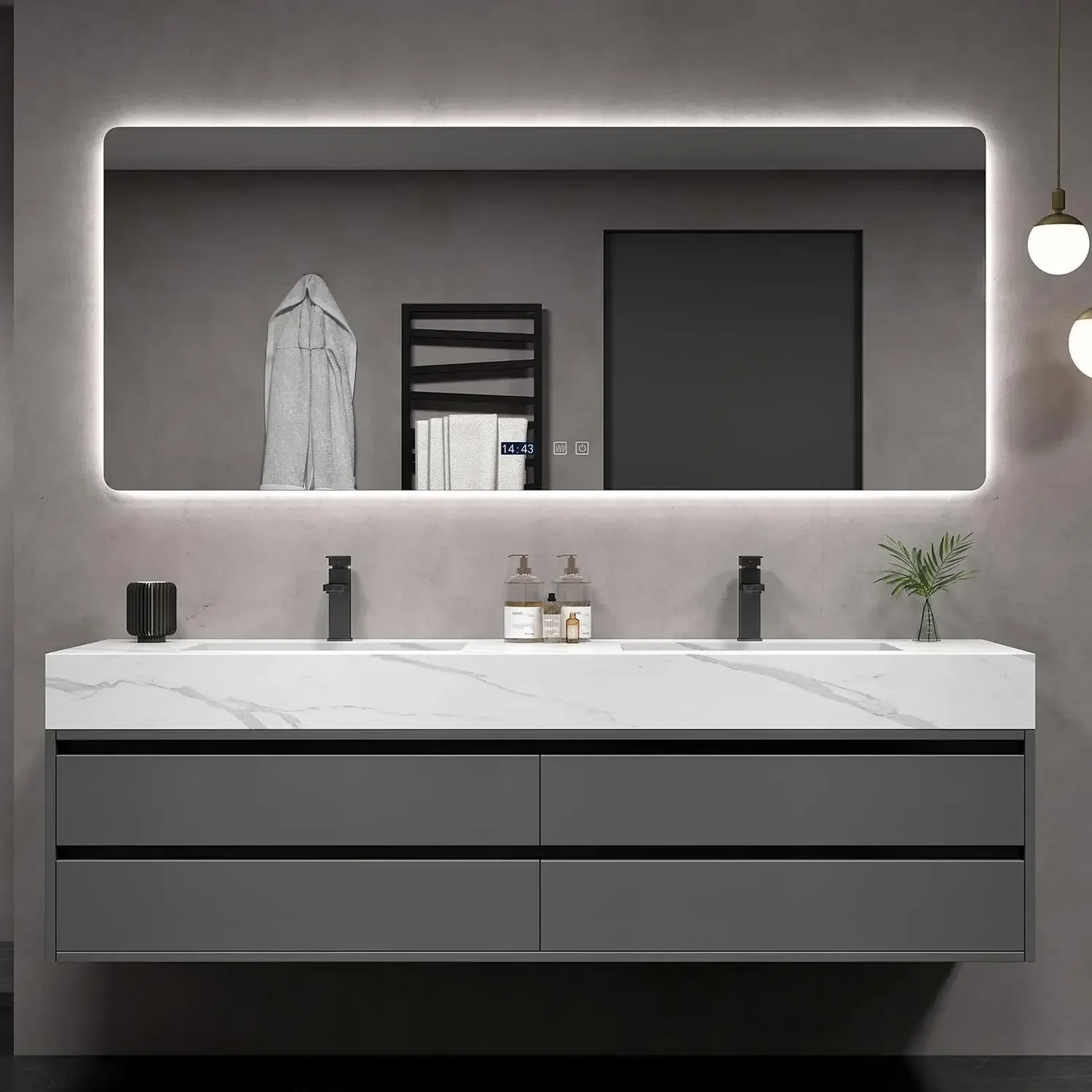 

Gray Bathroom Cabinet Rock Slab Integrated Ceramic Sink Combination Mirrors Drawer Wash Double Basin Cabinet Storage Furniture