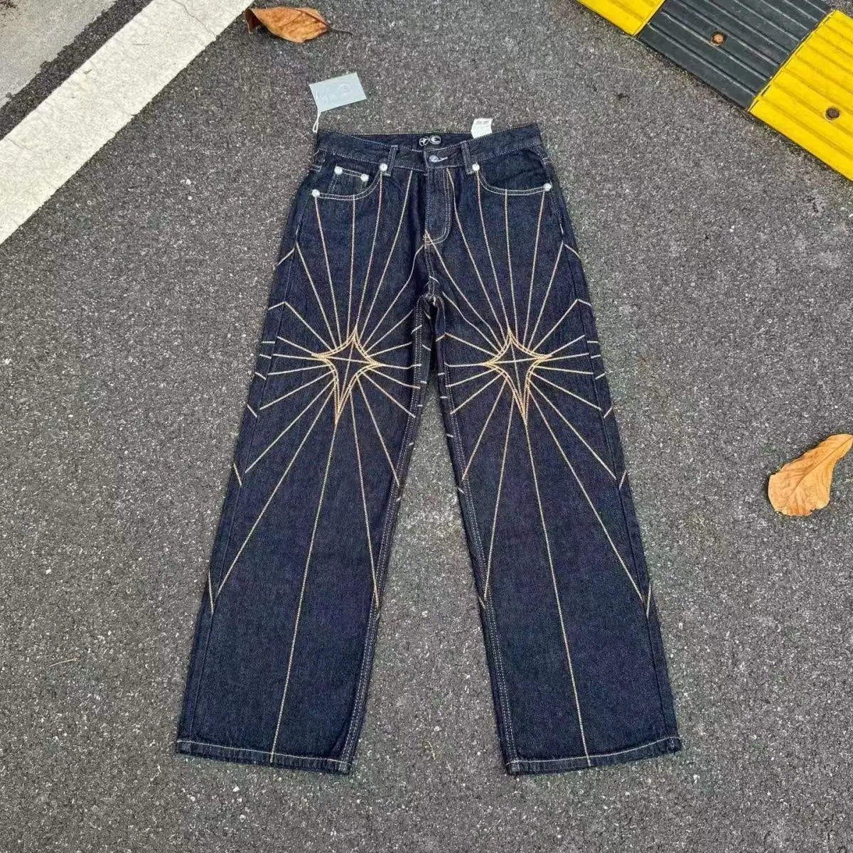 

Мужские джинсы свободного кроя с прямой штаниной, со светоотражающей вышивкой, средней посадки, в полоску, не требующие глажки, для осеннего сезона