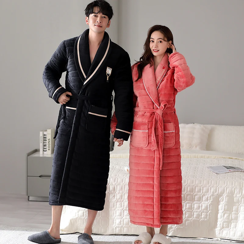 Couple Robe Winter 3 Layer Clip Cotton Bathrobe Thick Pijamas Hombre Robes 3XL