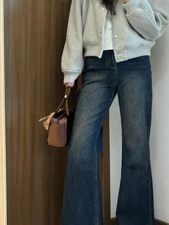 

High Waist Straight Leg Jeans Women's plus Size Elastic Casual Wear Resistant High Waist Bell Bot Slimming Effect