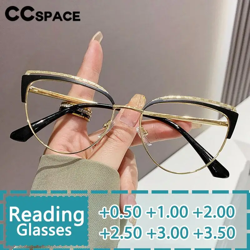 R57292 metal olho de gato óculos de leitura moda feminina oco para fora óculos presbiópicos ópticos dióptricos + 50 + 100 + 200 + 300