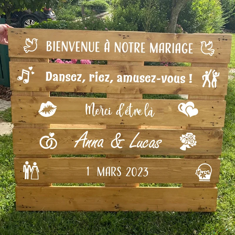 Francuskie Personalizowane Naklejki na Palety Weselne, Naklejki Winylowe BIENVENUE Mariage, Dekoracje Ślubne, Własne Imiona, Data, Naklejki na Imprezę