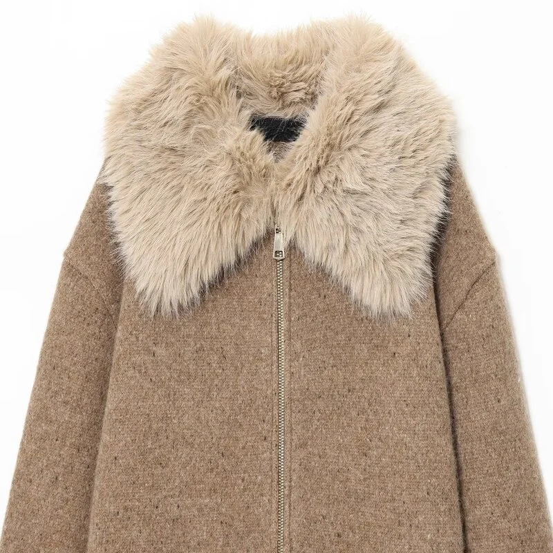 Długi płaszcz damski zapinany na zamek błyskawiczny, jesień 2025, nowy projekt damskiej mody, efekt sztucznego futra, kołnierz wykładany.