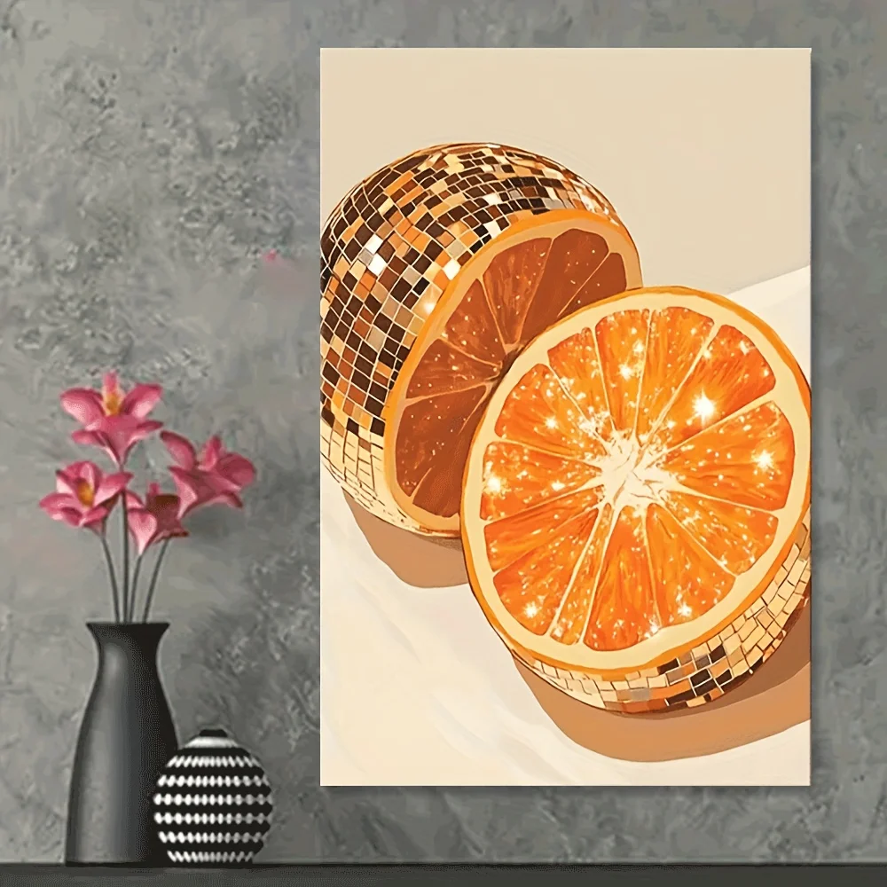 1 peinture sur toile sans cadre, 1 peinture murale vibrante en forme de boule disco orange – Décoration moderne sans cadre avec effet mosaïque étincelant, Perfe
