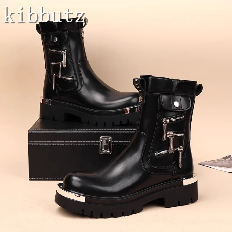 Fashionable Punk Motorcycle Men's Boots Thick Sole Platform Metal Decor Chelsea Boots Cowboy Knight Short Booties