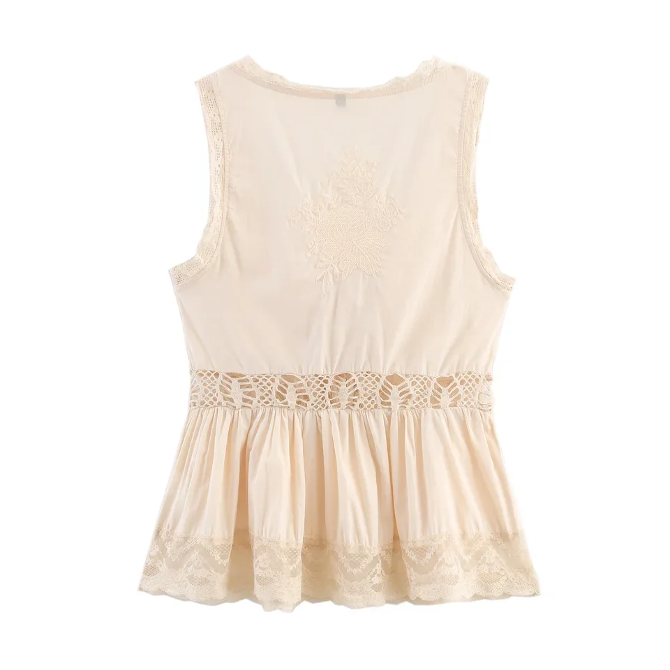 Forest Style Sweet Lace Embroidery Hollow Out Sleeveless V Neck Tie Front A Line Ruffle Hem Blouse Women Romantic Elegant Top