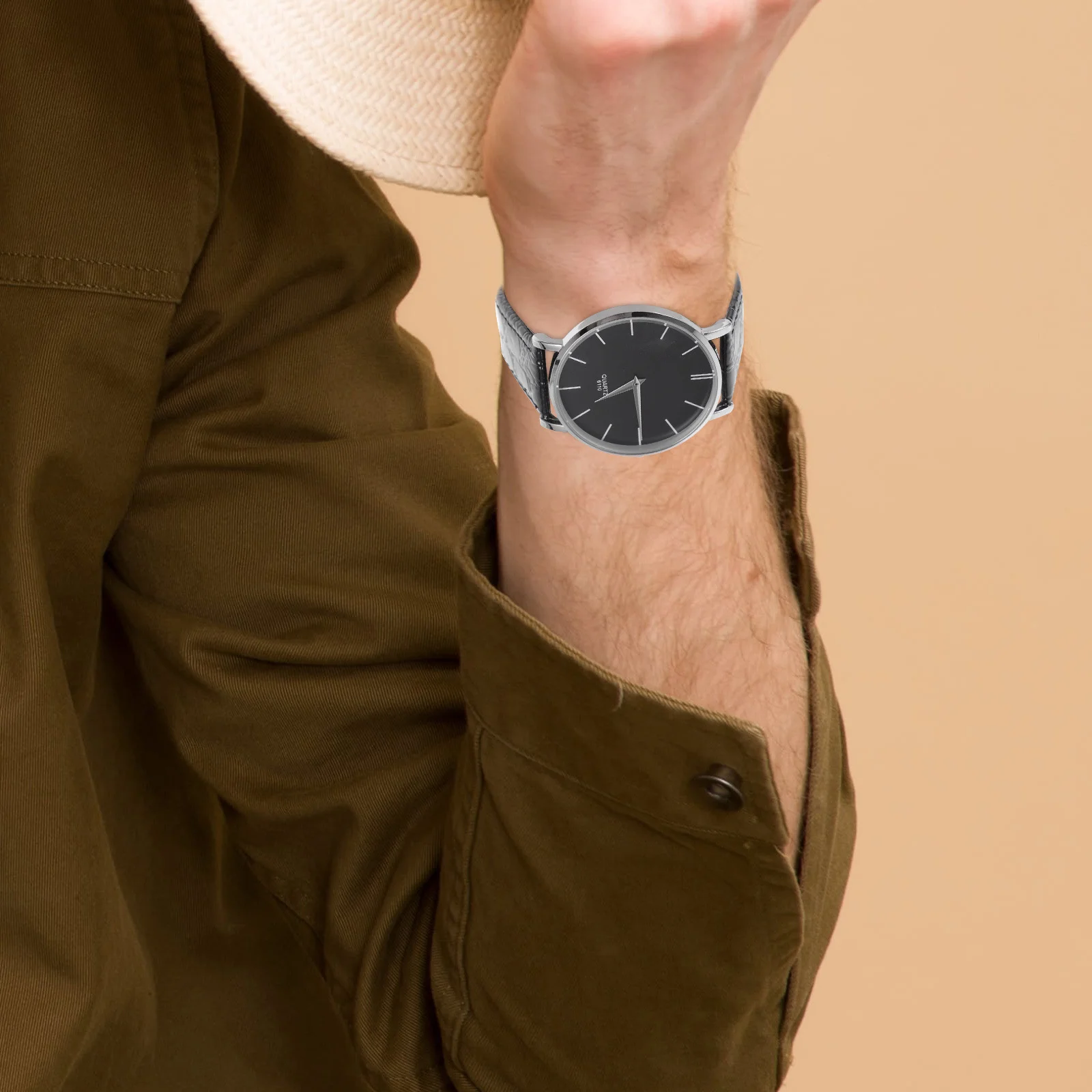 

9140 Ultra-Thin Men Boys Quartz Watch Black Durable Hard Alloy Stainless Steel PU Band Precise Movement Easy Operation